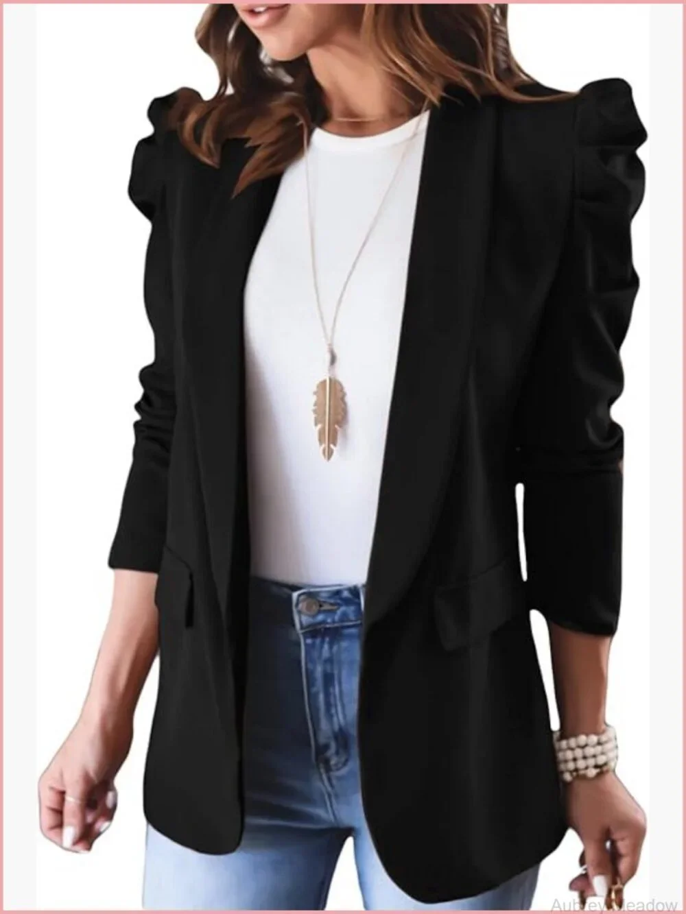Women's Open Front Blazer, Puff Long Sleeve, Work Office Suit Jacket